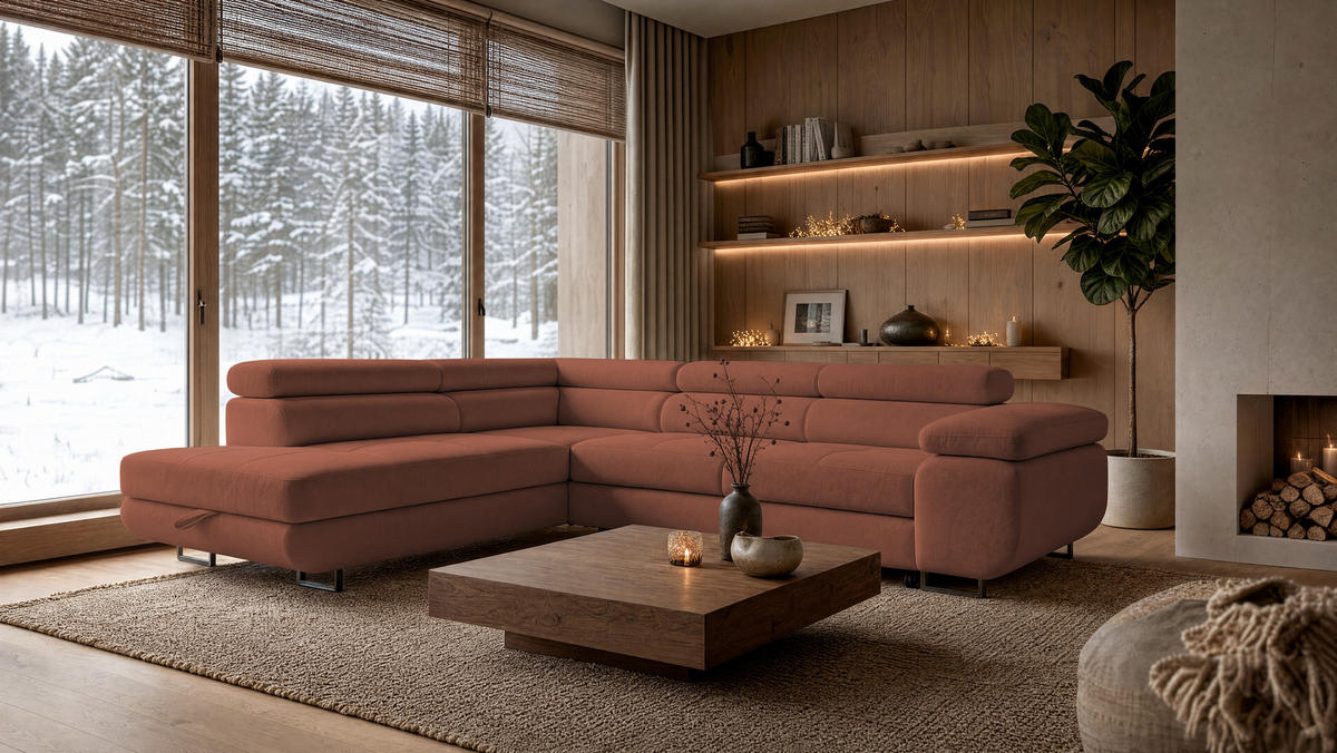 ECKSOFA Velmo mit Bettkasten und Schlaffunktion, verstellbaren Kopfstützen, in L-Form - Hellrosa, Textil (275/203cm)