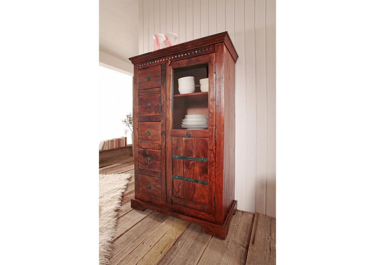 VITRINE Akazie 95x45x147 nougat lackiert OXFORD #417 - Dunkelbraun, Holz (95/147/45cm) - Massivmoebel24