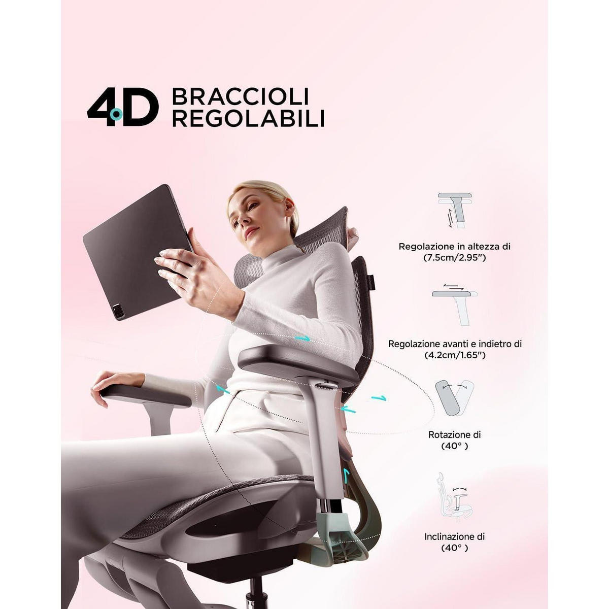 BÜROSTUHL E3 Pro mit Lendenwirbelstütze und Fußstütze Rosa - Multicolor, Kunststoff (57.5/45.5/80cm)