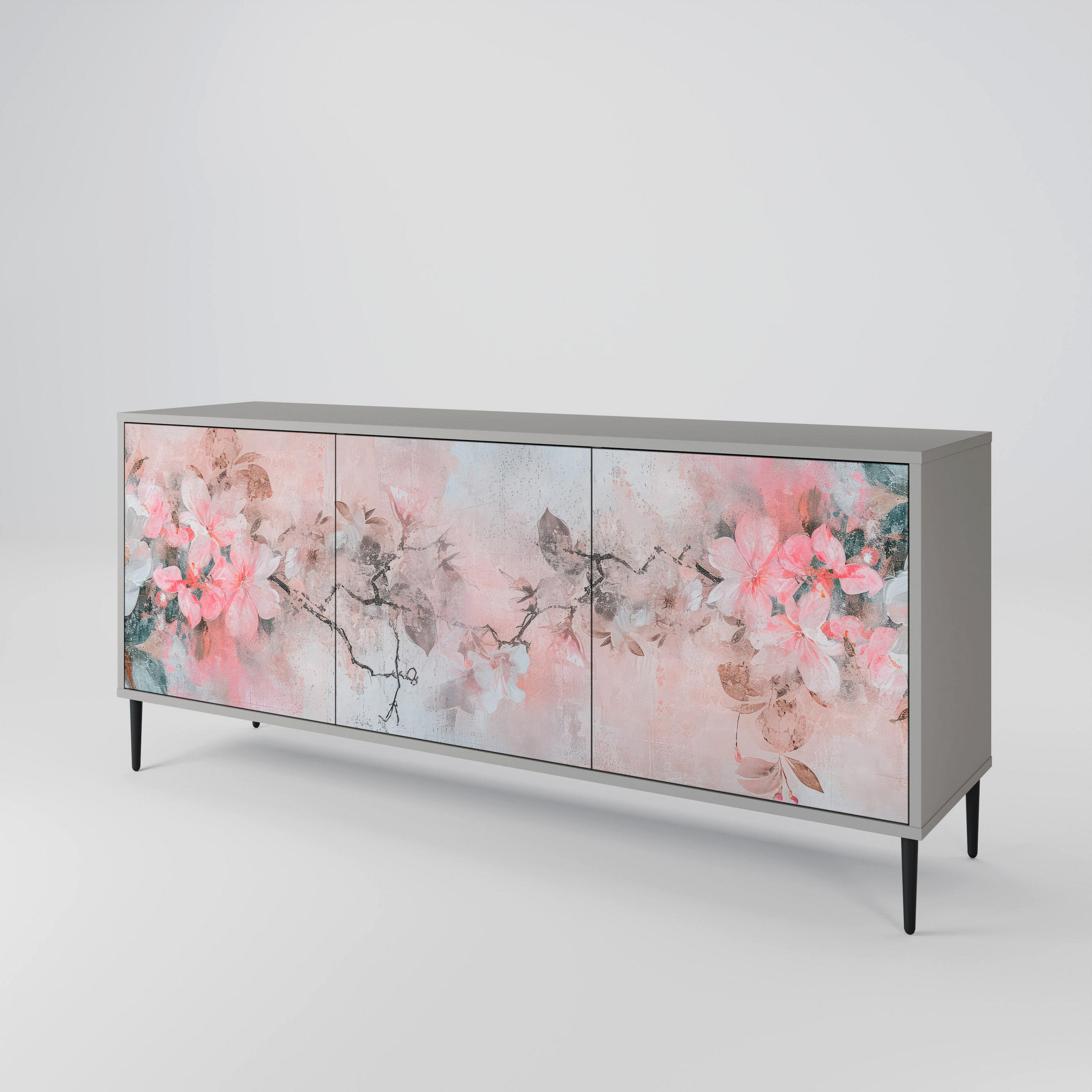 SIDEBOARD CHERRY BLOSSOM, Graue Oberfläche, 164,5x42x72,5 cm, 3 Türen - Schwarz/Grau, Holzwerkstoff/Metall (164.5/72.5/42cm) - SpaceRebels