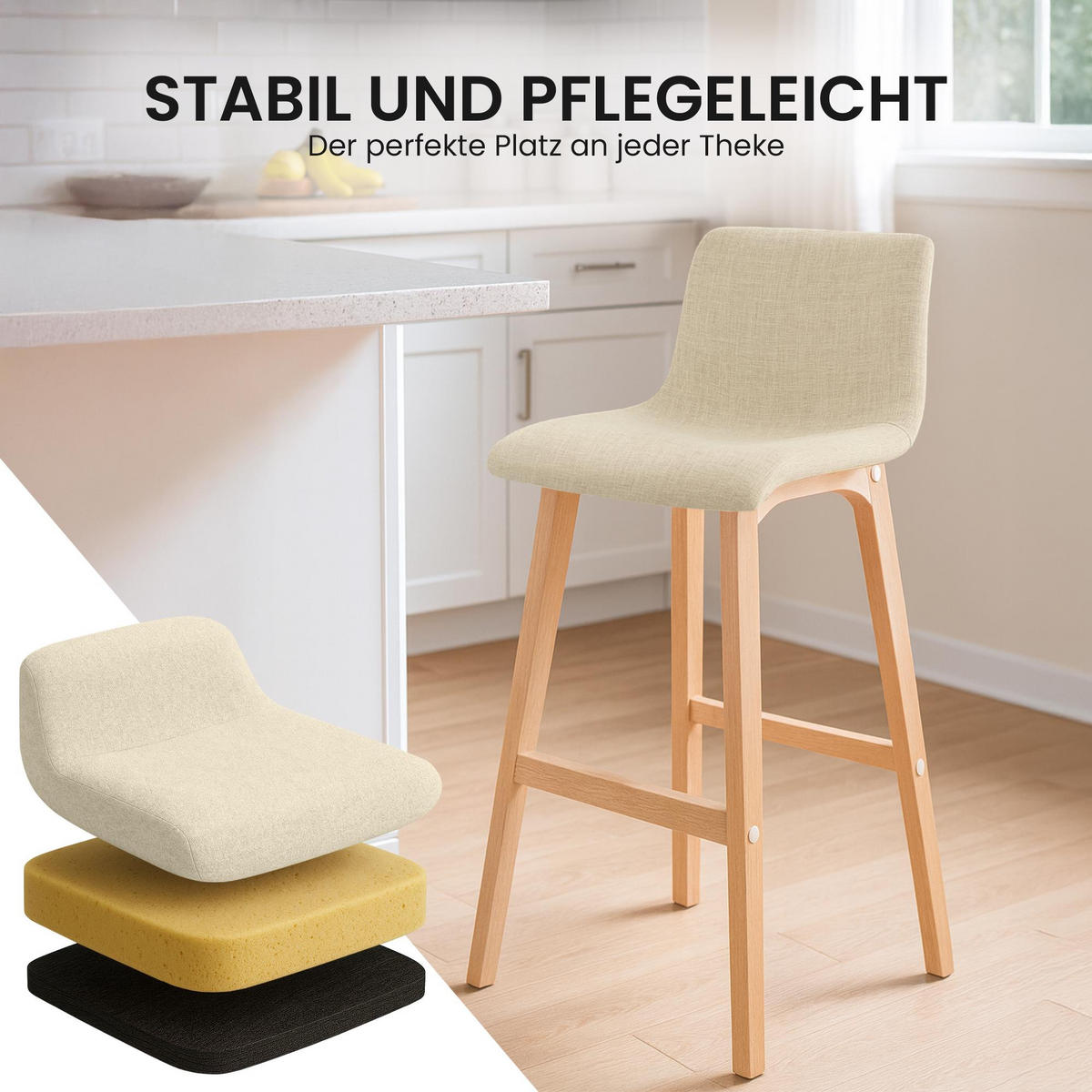 BARHOCKER 2er Set Stoff Creme - Eukalyptusholzfarben/Creme, Holz/Textil (41/102/46cm) - CLP