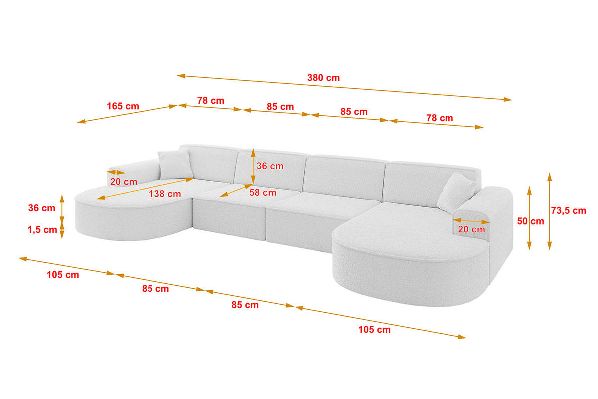 WOHNLANDSCHAFT MARI-U2 - 380x163x73,5 cm Weiß Bouclé - Schwarz/Weiß, Holzwerkstoff/Kunststoff (380/73.5/163cm) - ALTDECOR