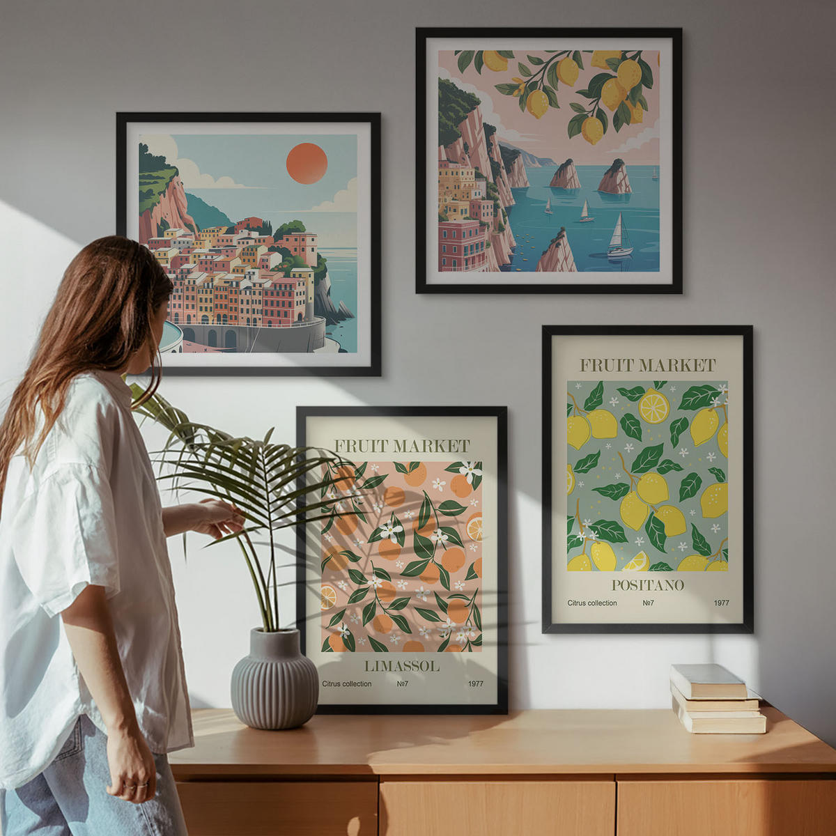 WANDBILDER 4er-Set - 50x50 cm & 40x60 cm Schwarzer Rahmen - Zitrusfrüchte der italienischen Tropen - Schwarz, Kunststoff (50/50cm) - ArtPrintCave