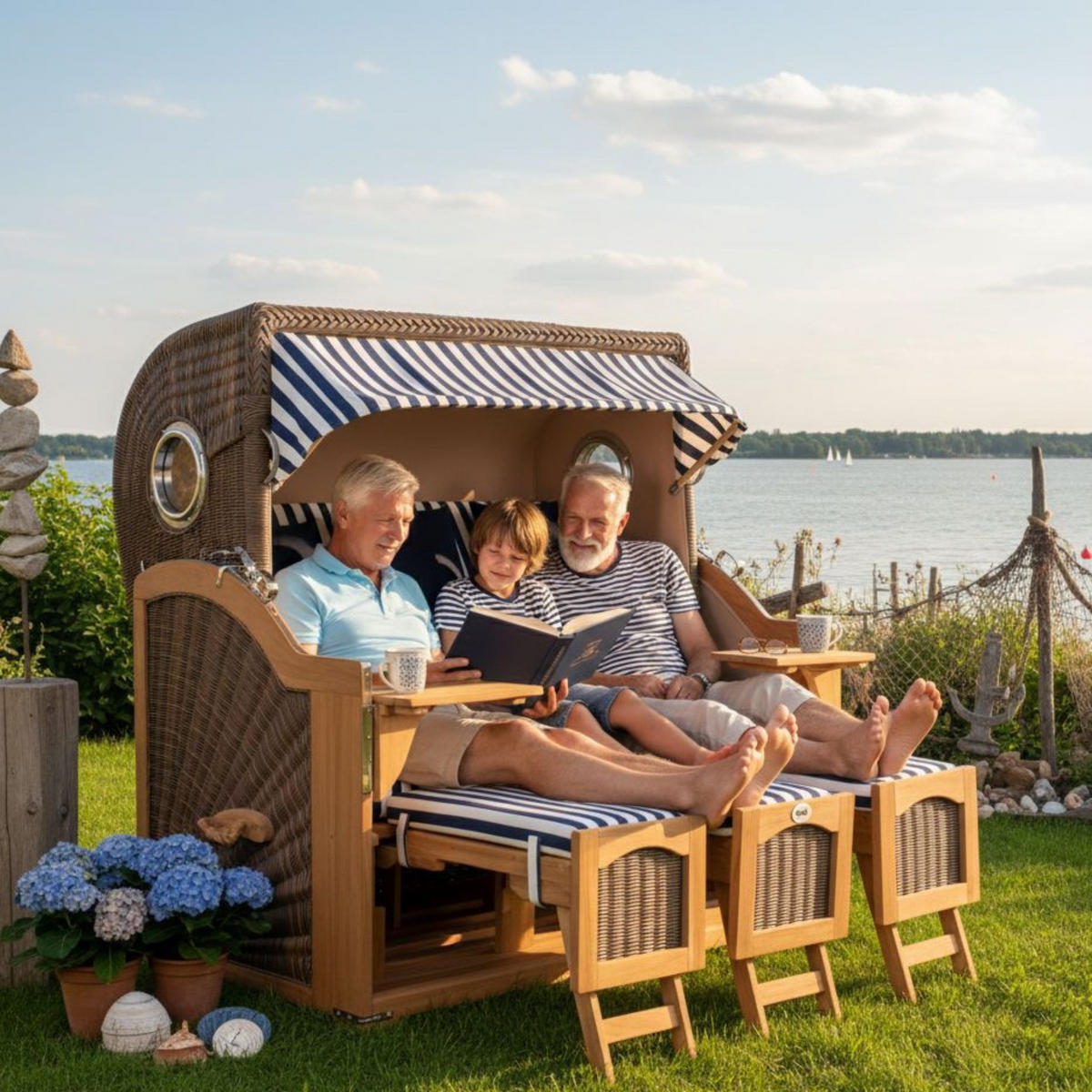 STRANDKORB Komplettset Düne Grande - Blau/Braun, Naturmaterialien/Metall (170/170/95cm) - Mr. Deko