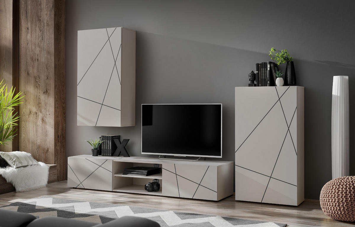 WOHNWAND Kaschmir, schwarz 260 cm, Schrankwand mit Streifendruck, Push-to-Open - Kaschmir/Schwarz, Holzwerkstoff/Kunststoff (260/180/45cm) - Furn.Design