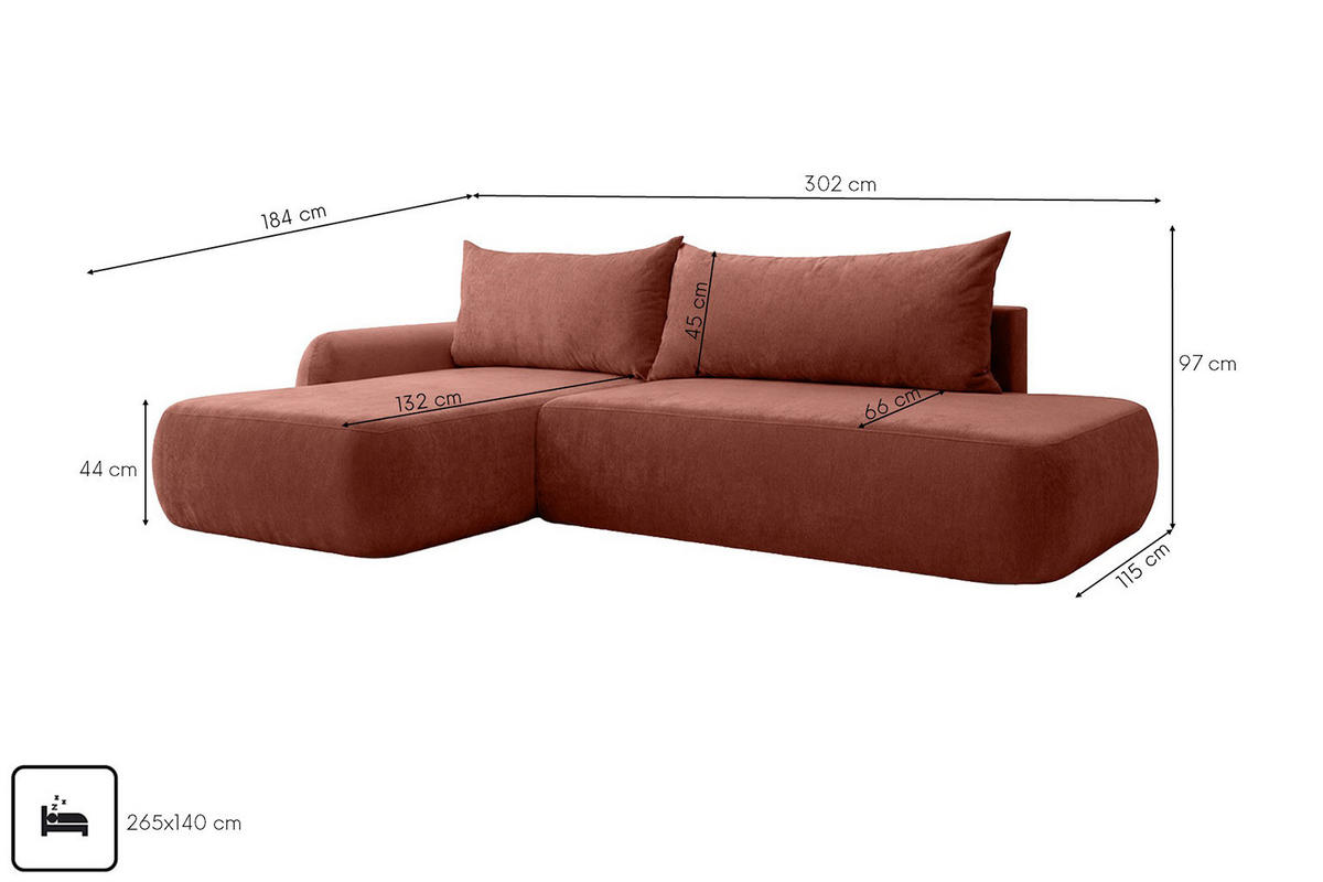 ECKSOFA Mit Schlaffunktion Und Bettkasten, Velvet-Stoff Vena, Kupfer, Links, HELA I - Kupferfarben, Holz (302/184cm) - Kaiser Möbel