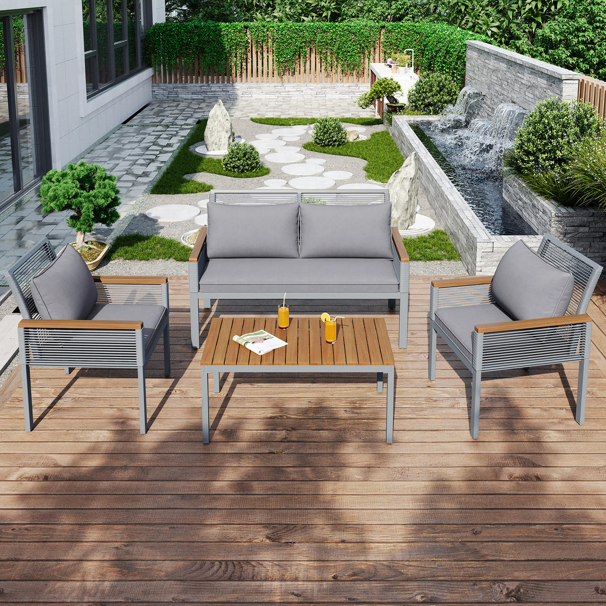 GARTENMÖBELSET aus Rattan 80x45x36cm grau mit Kissen - Grau, Metall - Modfu