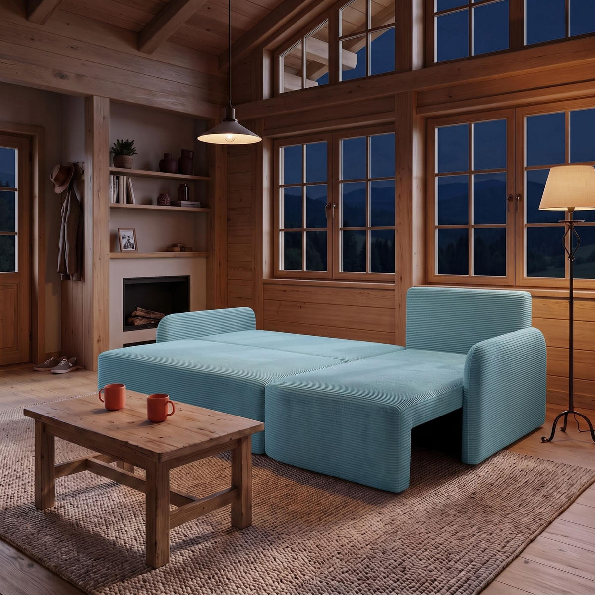ECKSOFA CASPER L Rechts mit Schlaffunktion 132x198 Cord Blau - Blau/Schwarz, Holz/Kunststoff (145/217cm) - NACANAPA