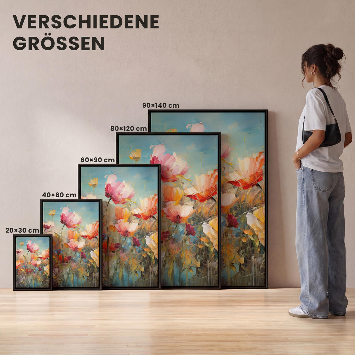 LEINWAND Bilder mit Rahmen - Blumen - Aquarell - Kunst - Botanisch - Natur - 90x140 - Orange, Textil (90/140cm) - MuchoWow