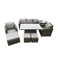GARTENMÖBEL-SET HÖHENVERSTELLBARER ESSTISCH LOUNGE-SOFA HOCKER Polyrattan Outdoor 8-Sitzer - Dunkelgrau/Grau, Glas/Kunststoff - Fimous