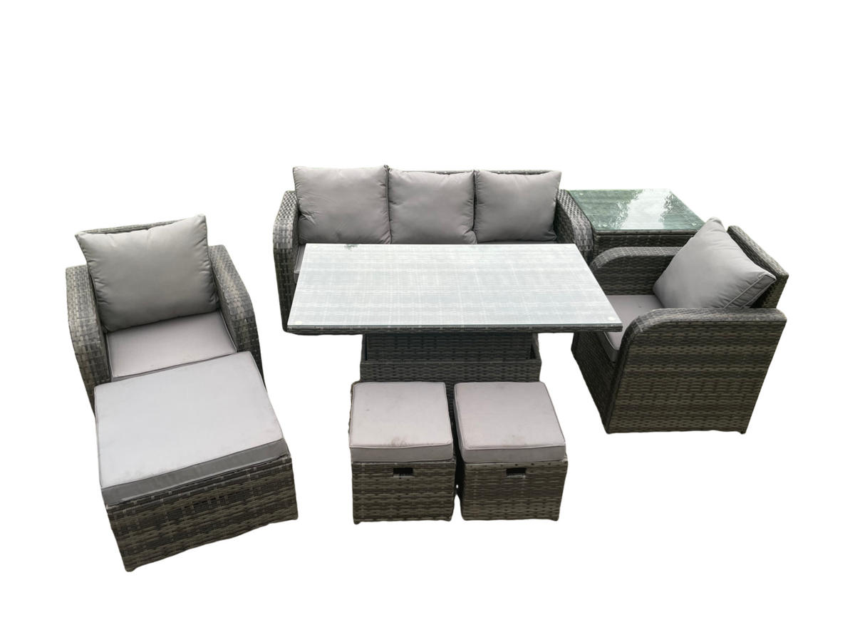 GARTENMÖBEL-SET HÖHENVERSTELLBARER ESSTISCH LOUNGE-SOFA HOCKER Polyrattan Outdoor 8-Sitzer - Dunkelgrau/Grau, Glas/Kunststoff - Fimous