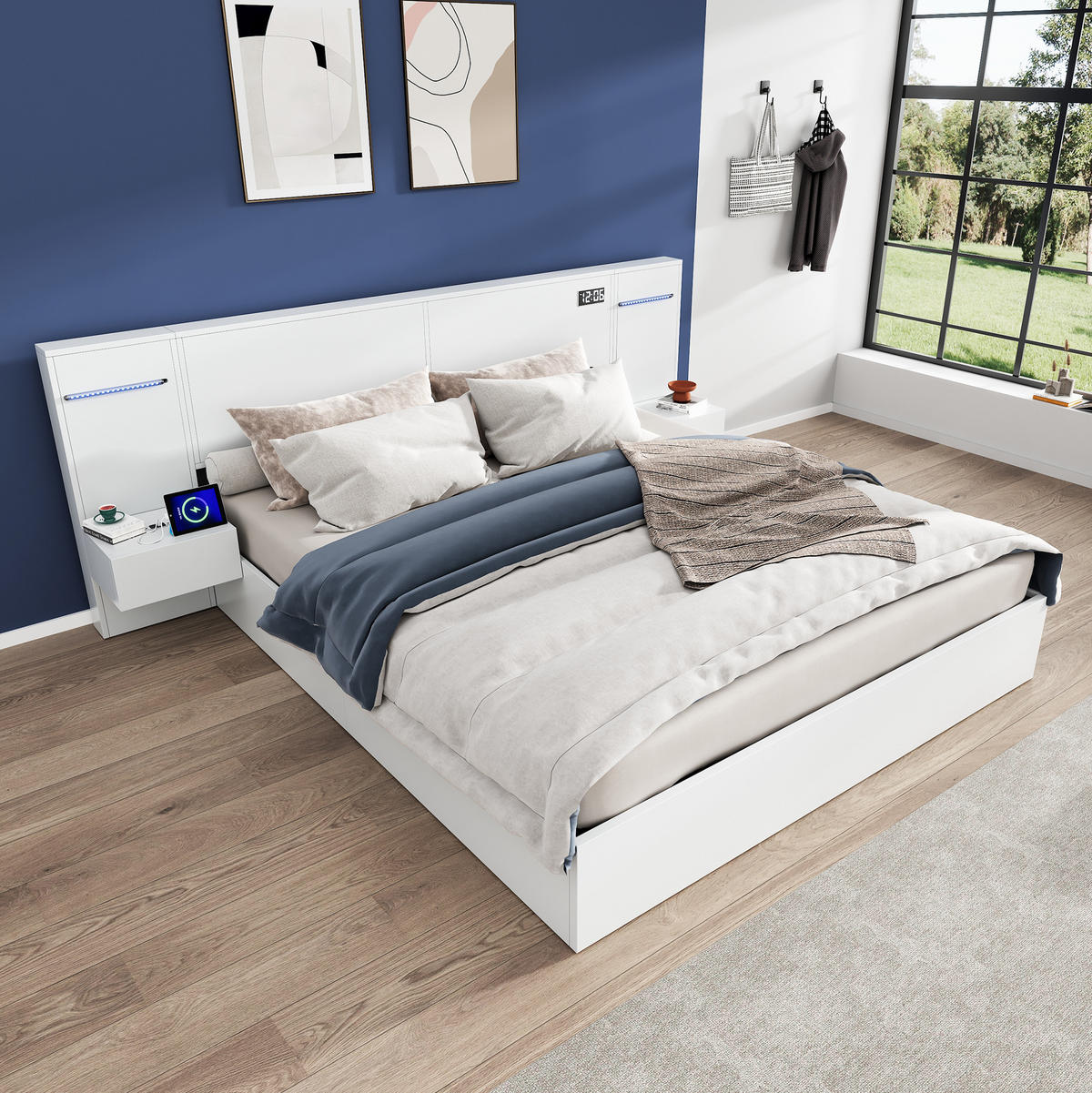 POLSTERBETT 180/200 cm Weiß aus MDF mit Bluetooth-Lautsprechern und LED-Lichtleiste - Weiß, Holzwerkstoff (180/200cm) - OKMYHOME
