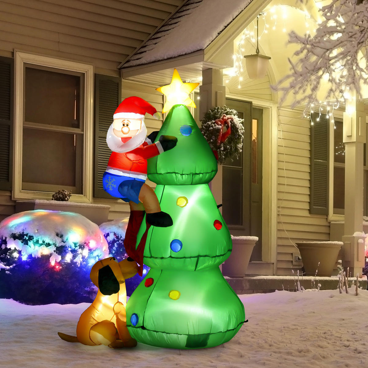AUFBLASBARER Weihnachtsbaum Weihnachtsmann Hund 180 cm LED Selbstaufblasend - Grün, Kunststoff (85/180/123cm) - HOMCOM