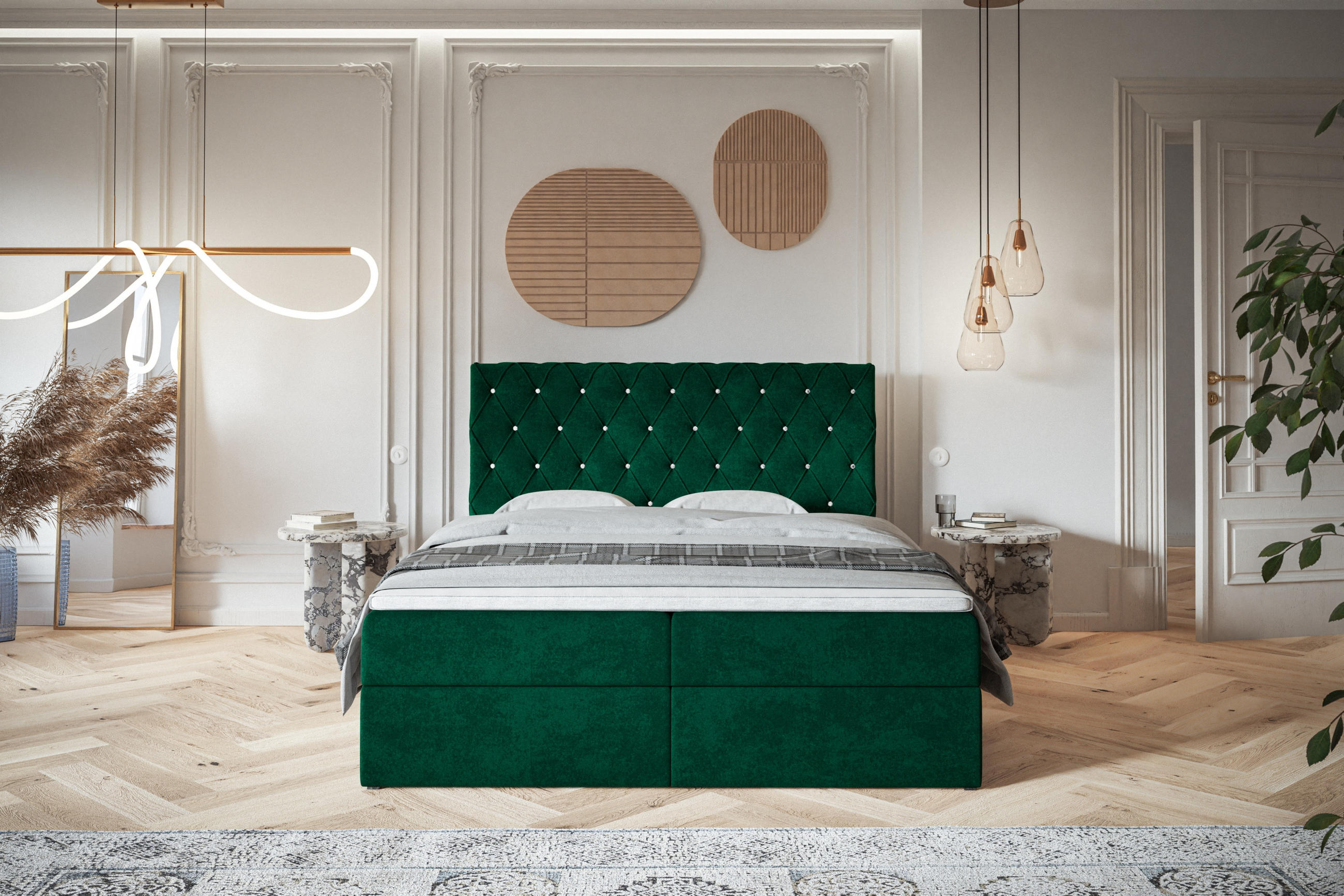 BOXBETT BOSTON mit 2 Bettkästen, 180x200, Farbe: Dunkelgrün, Velourstoff, Doppelbett mit Bonell-Matratze - Dunkelgrün, Holz/Kunststoff (180/200cm) - Alpi-Möbel