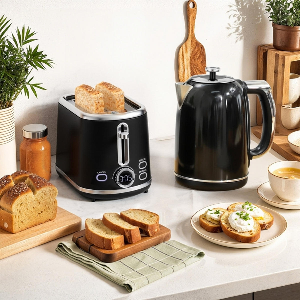 WASSERKOCHER-TOASTER SET Retro Design Temperaturregelung Schwarz - Schwarz, Kunststoff (15.9/24.8/23.2cm) - Rolipo