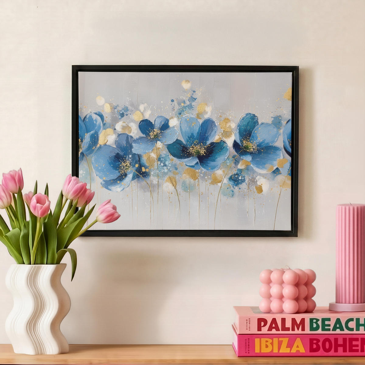 LEINWAND Bilder mit Rahmen - Blumen - Blau - Abstrakt - 40x30 - Hellgrau, Textil (40/30cm) - MuchoWow