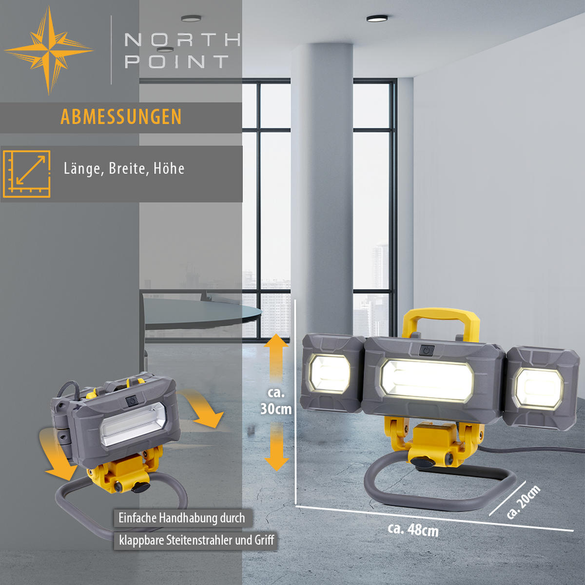 LED-ARBEITSSTRAHLER - mit schwenkbaren Seitenstrahlern und 4000 Lumen für Baustellen und Werkstätten, 2er-Set - Schwarz, Metall (76/76/147cm) - Northpoint