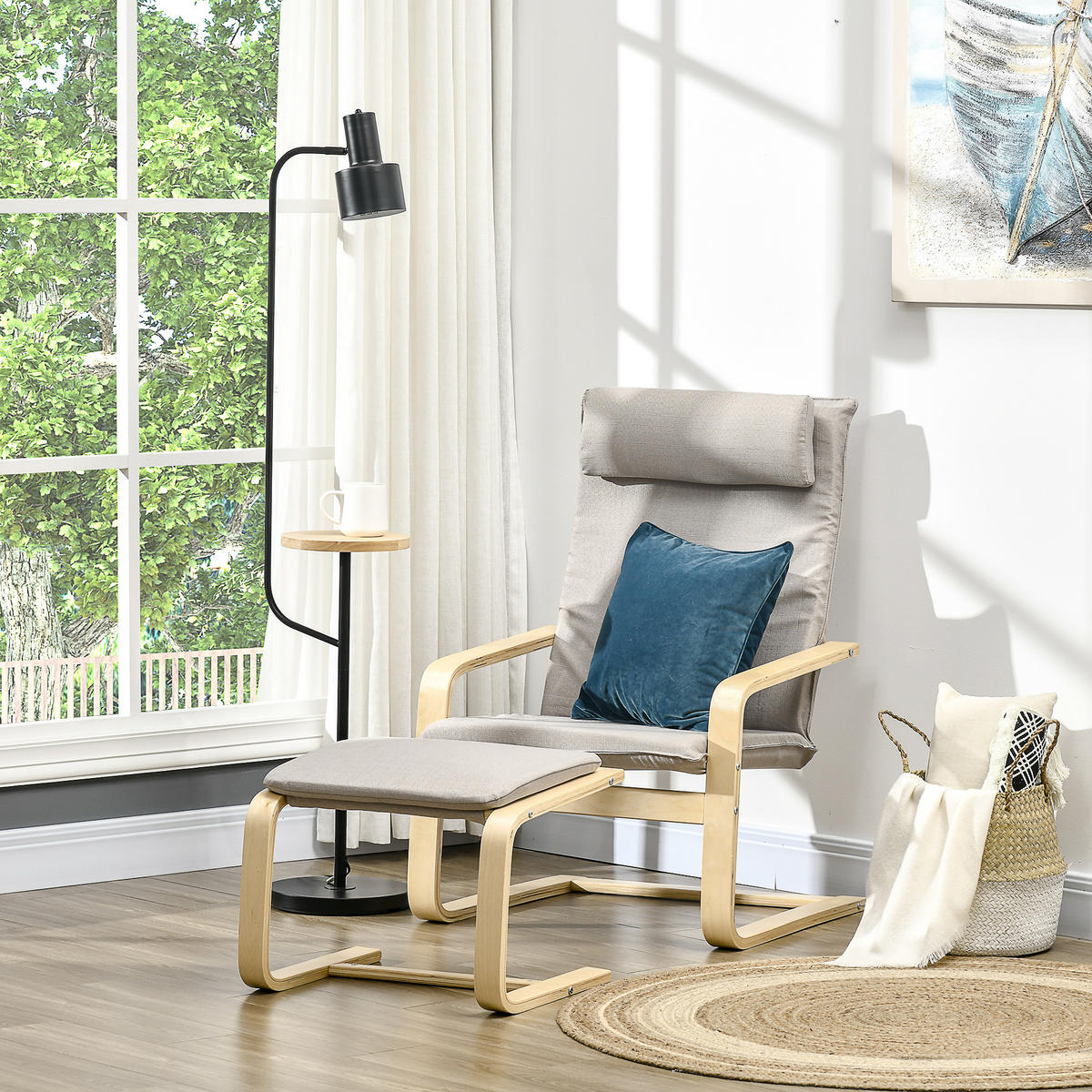 RELAXSESSEL Fußhocker Holz Stoff Kopfstütze 67 x 69 x 100 cm Grau - Grau, Textil (67/92/78cm) - Vallsero
