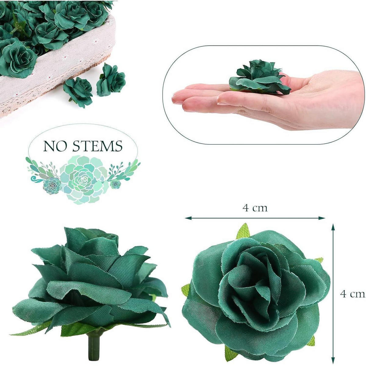 KUNSTBLUMENKÖPFE Rosen 50-teiliges Set Grün 4 cm - Grün, Kunststoff (1cm)