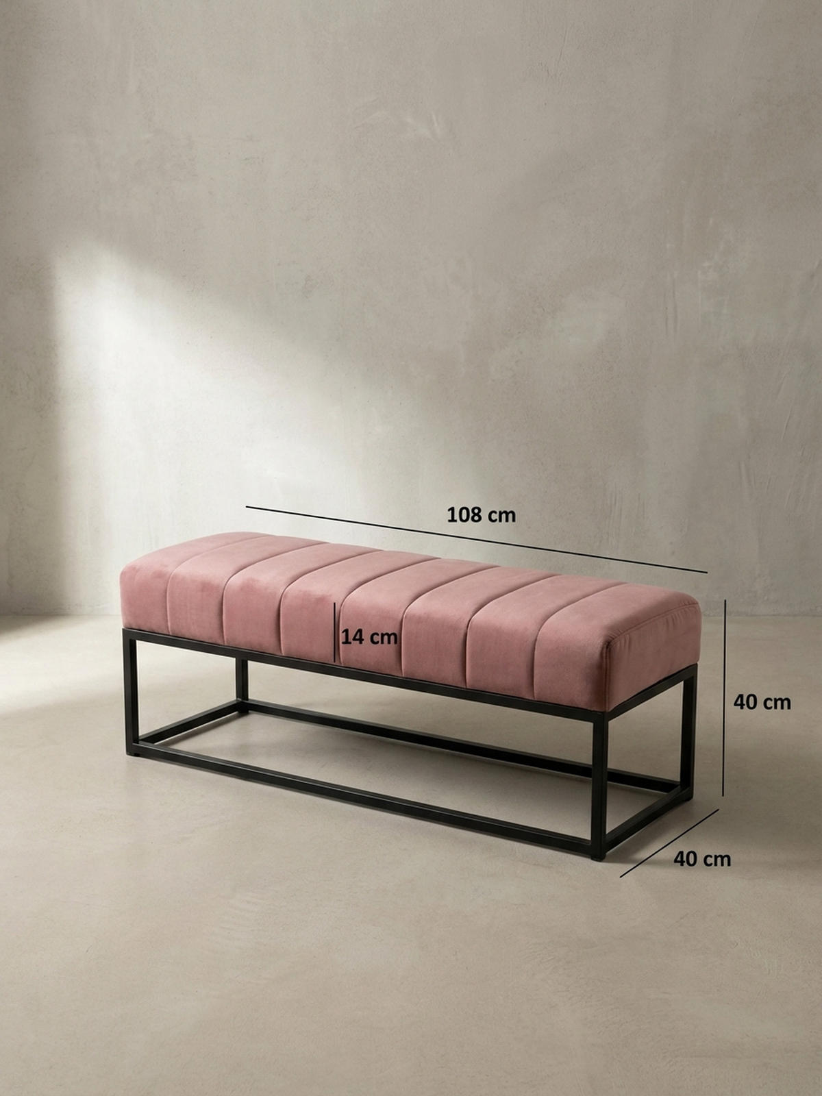 SITZBANK Samt Metallgestell gepolstert, Rosa 108x40x40 cm - Pink/Schwarz, Textil/Metall (108/40/40cm) - KADIMA DESIGN