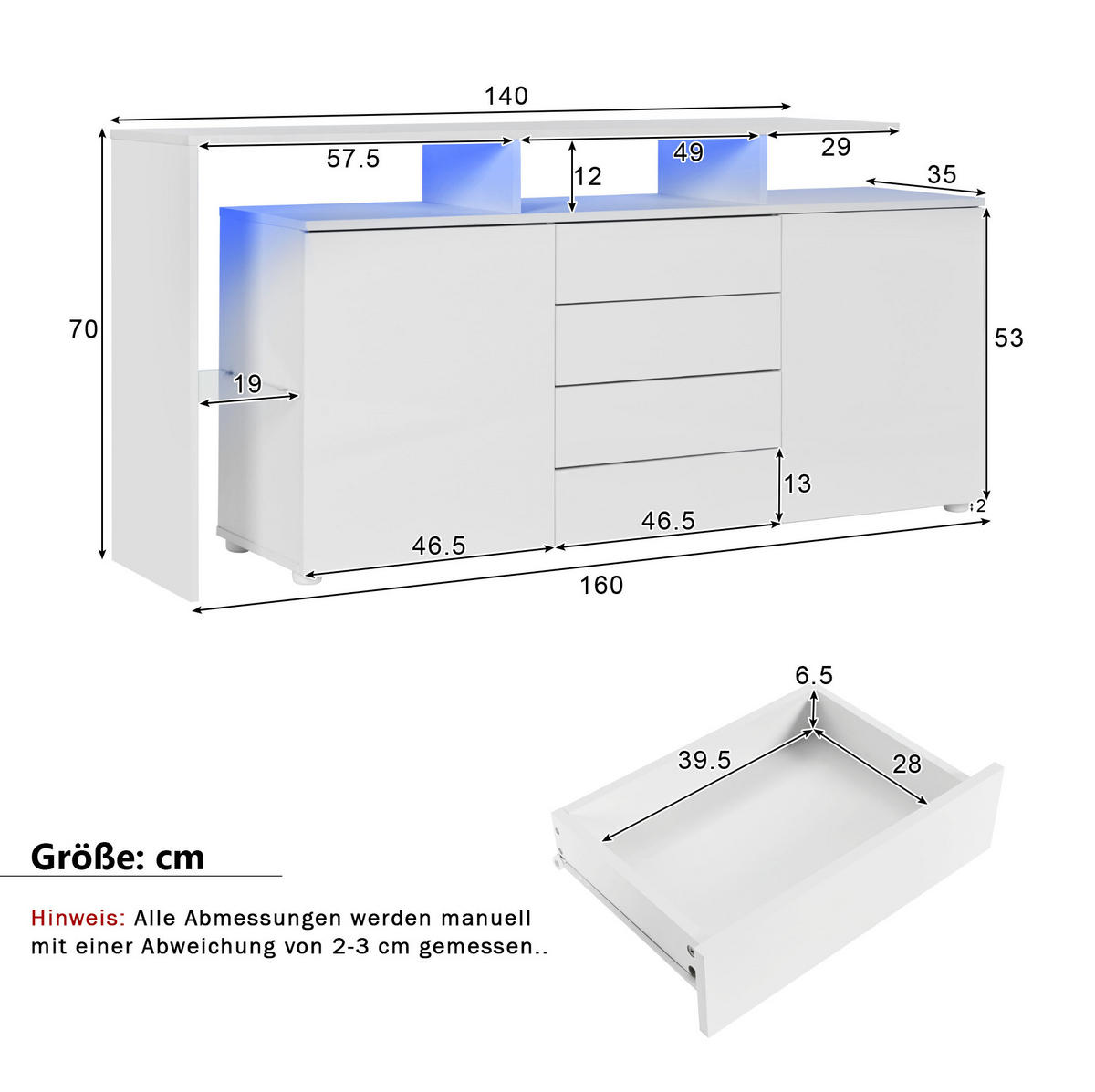 LOWBOARD 160/35/70 cm mit LED, 2 Türen & 4 Schubladen in Weiß Hochglanz - Weiß, Holzwerkstoff (160/70/35cm) - BEAOK