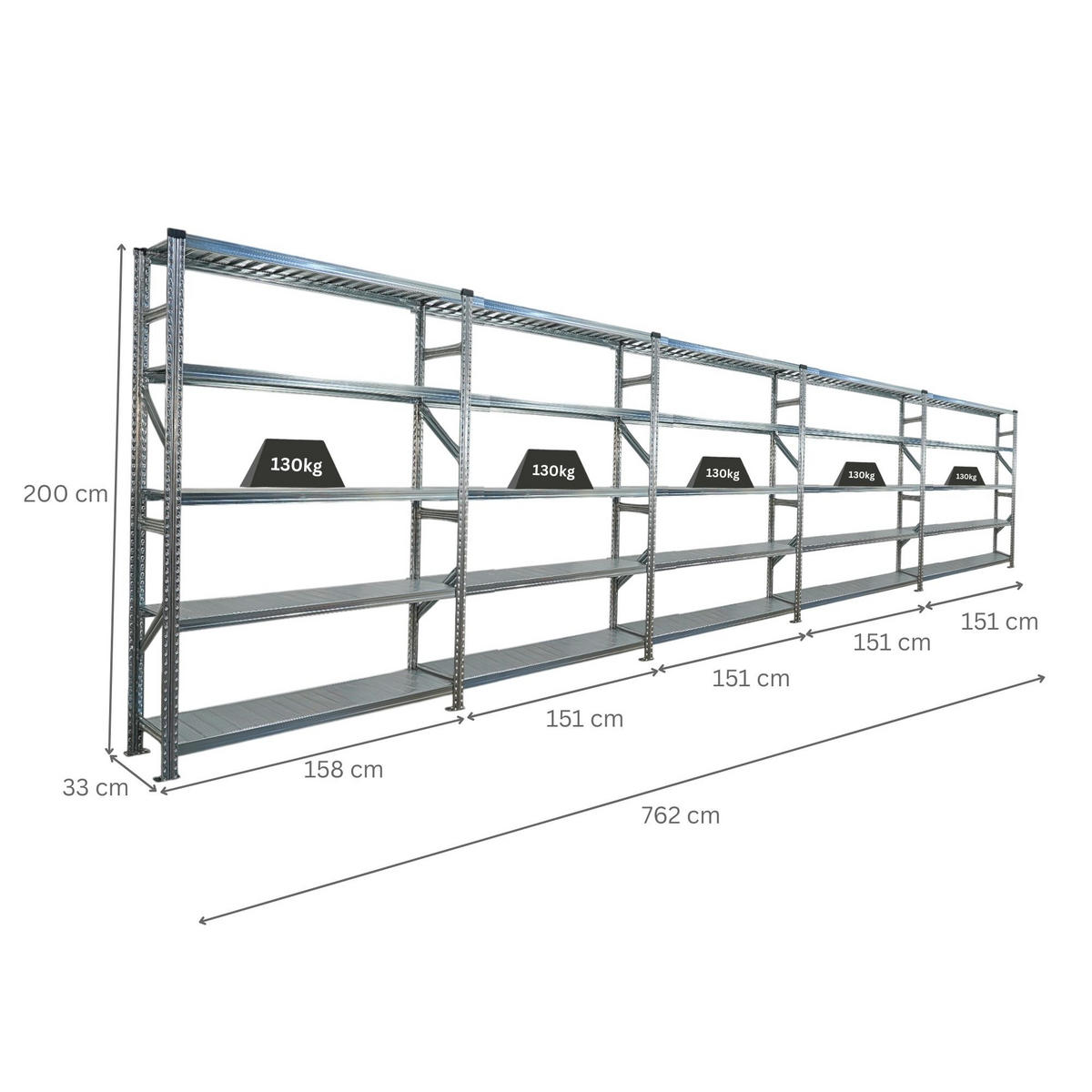 FACHBODENREGAL Proximo Stecksystem 200x750x32cm 5 Ebenen Fachlast 130 kg Beidseitig nutzbar Verzinkt - Silberfarben, Metall (750/200/32cm) - PROREGAL