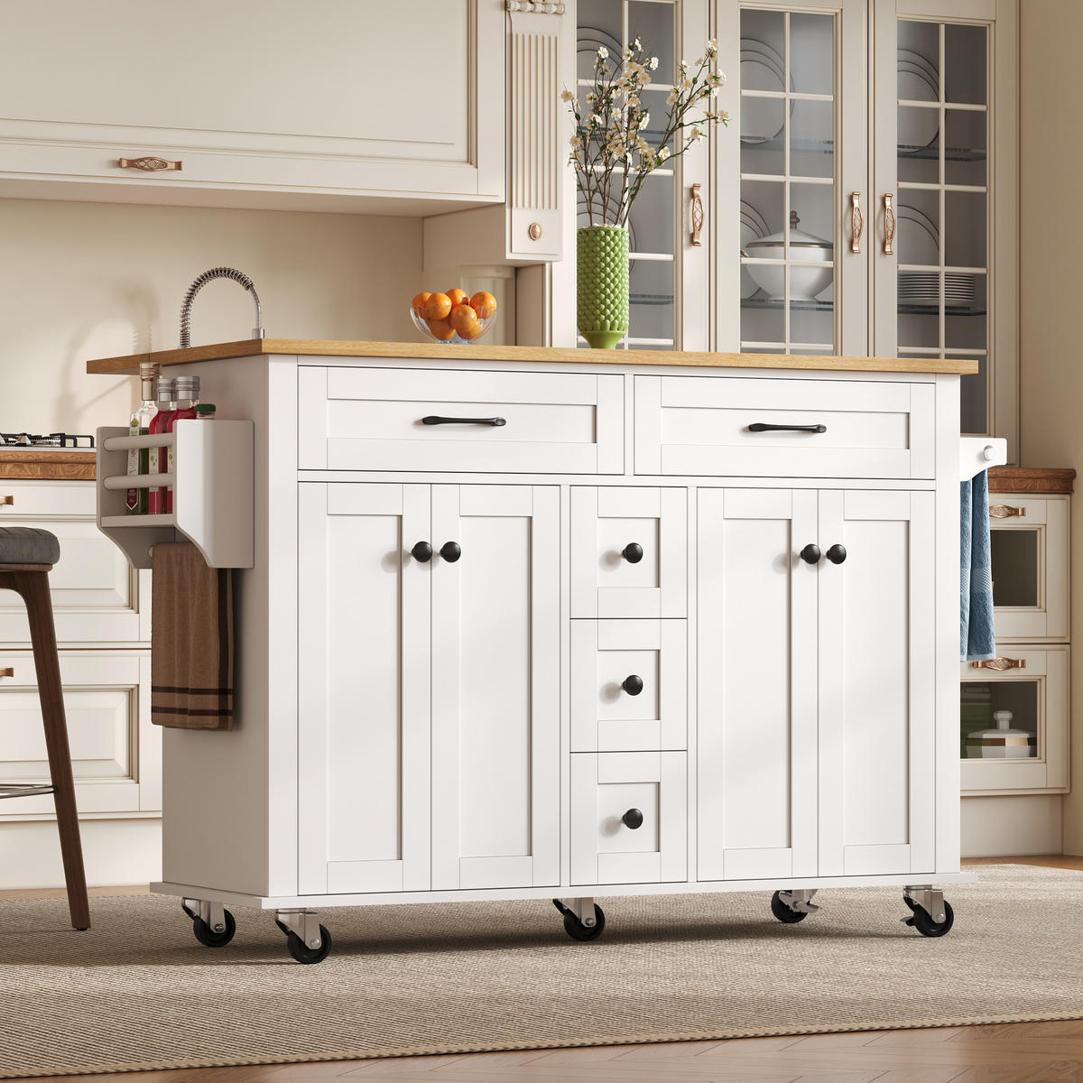 KÜCHENINSELWAGEN 140x65x89cm Weiß mit ausklappbarer Platte, Schubladen & 5 Rollen - Weiß, Holzwerkstoff (140/89/65cm) - Modfu