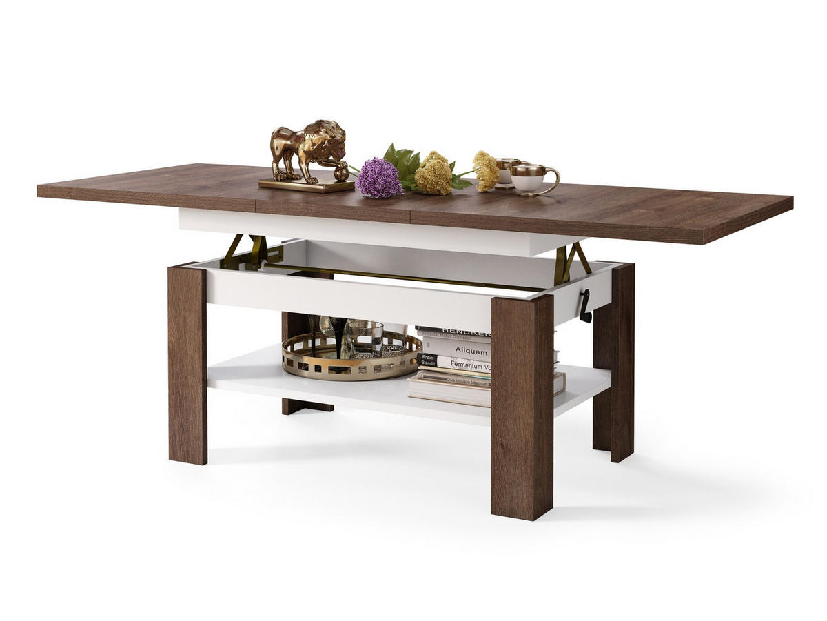 COUCHTISCH rechteckig Eiche dunkel - Weiß ausziehbar höhenverstellbar - Braun/Weiß, Holzwerkstoff (65/130/58cm) - designimpex