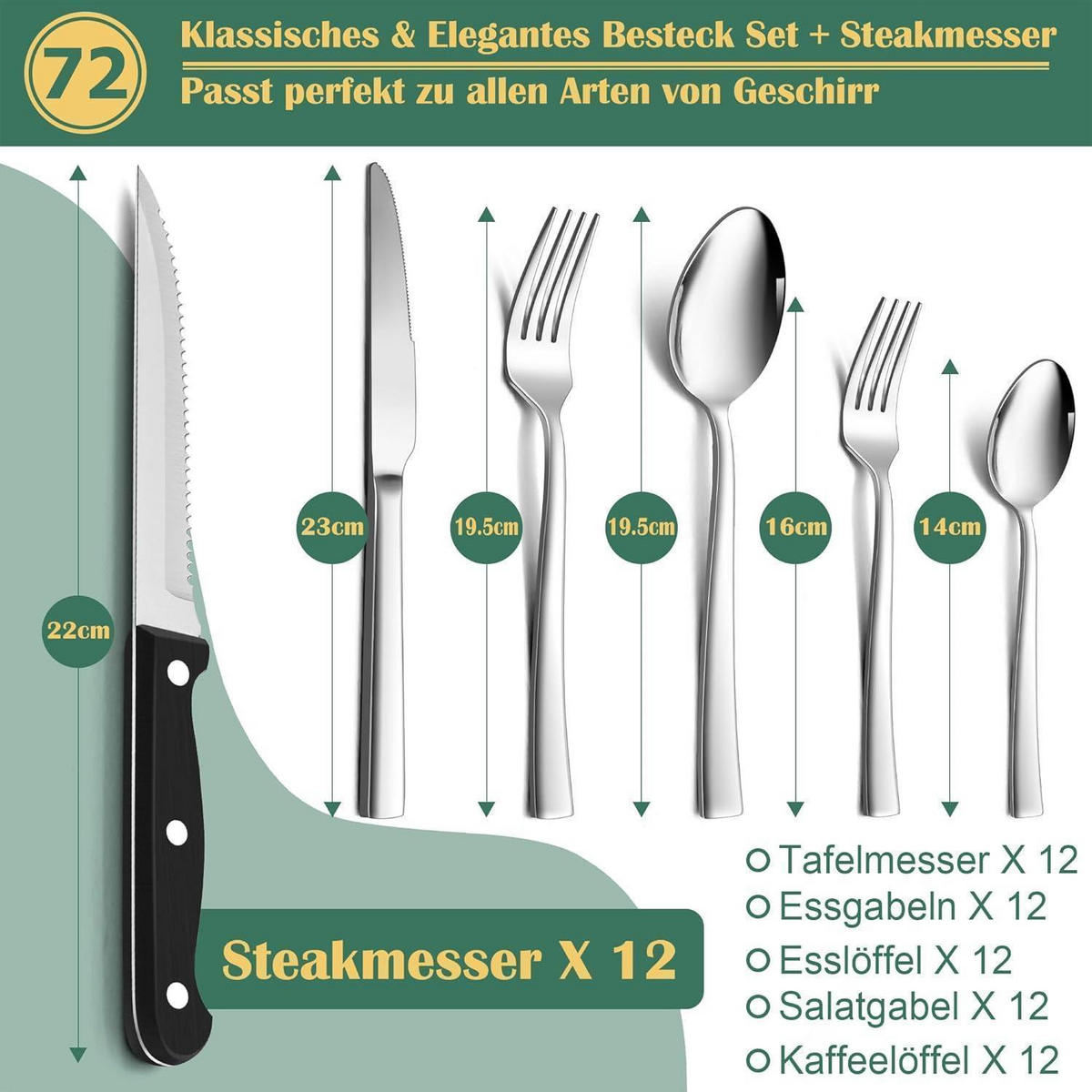 BESTECKSET 72-teilig für 12 Personen mit Steakmessern Edelstahl spülmaschinenfest - Silberfarben, Metall
