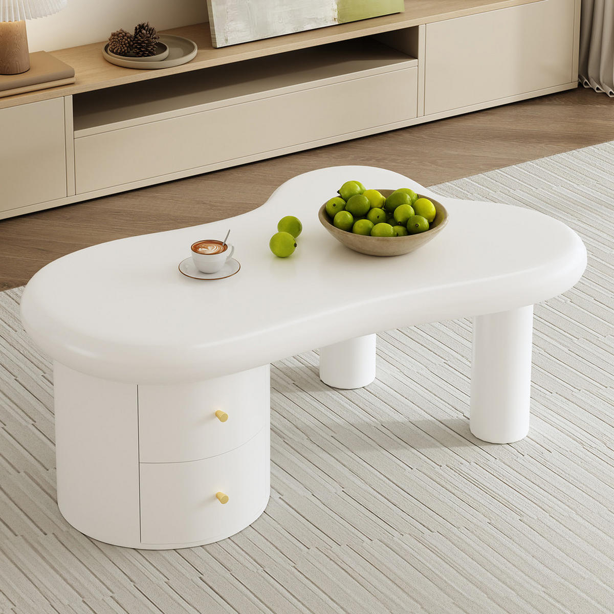 COUCHTISCH Weiß Unregelmäßig 2 Schubladen Platzsparend Stabil Mehrzweck - Weiß, Holz (58.42/50.8/41.28cm) - FLIEKS
