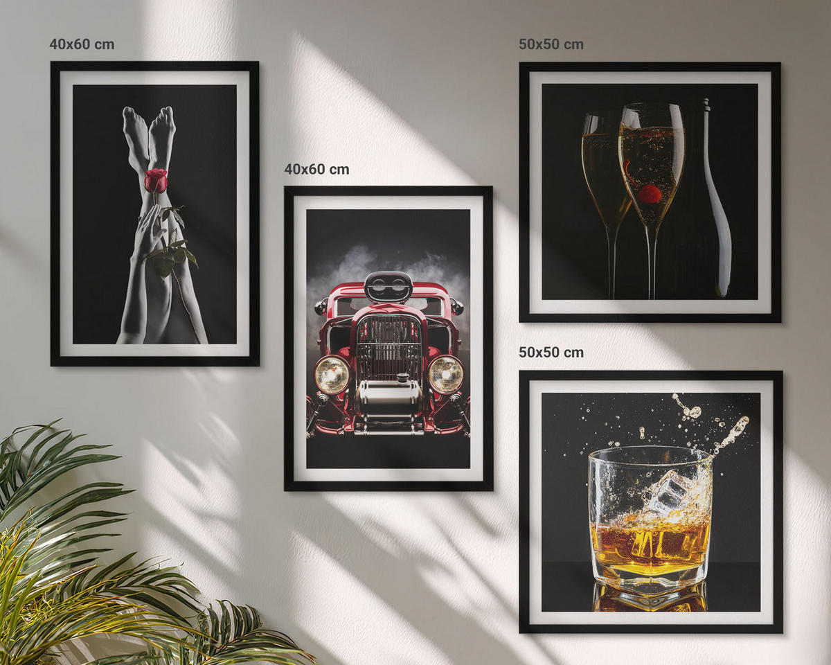 BILDER SET 4er Set - 50x50 cm & 40x60 cm Schwarzer Rahmen - Frauenbeine Rosenwagen Wein - Schwarz, Kunststoff (50/50cm) - TULUP