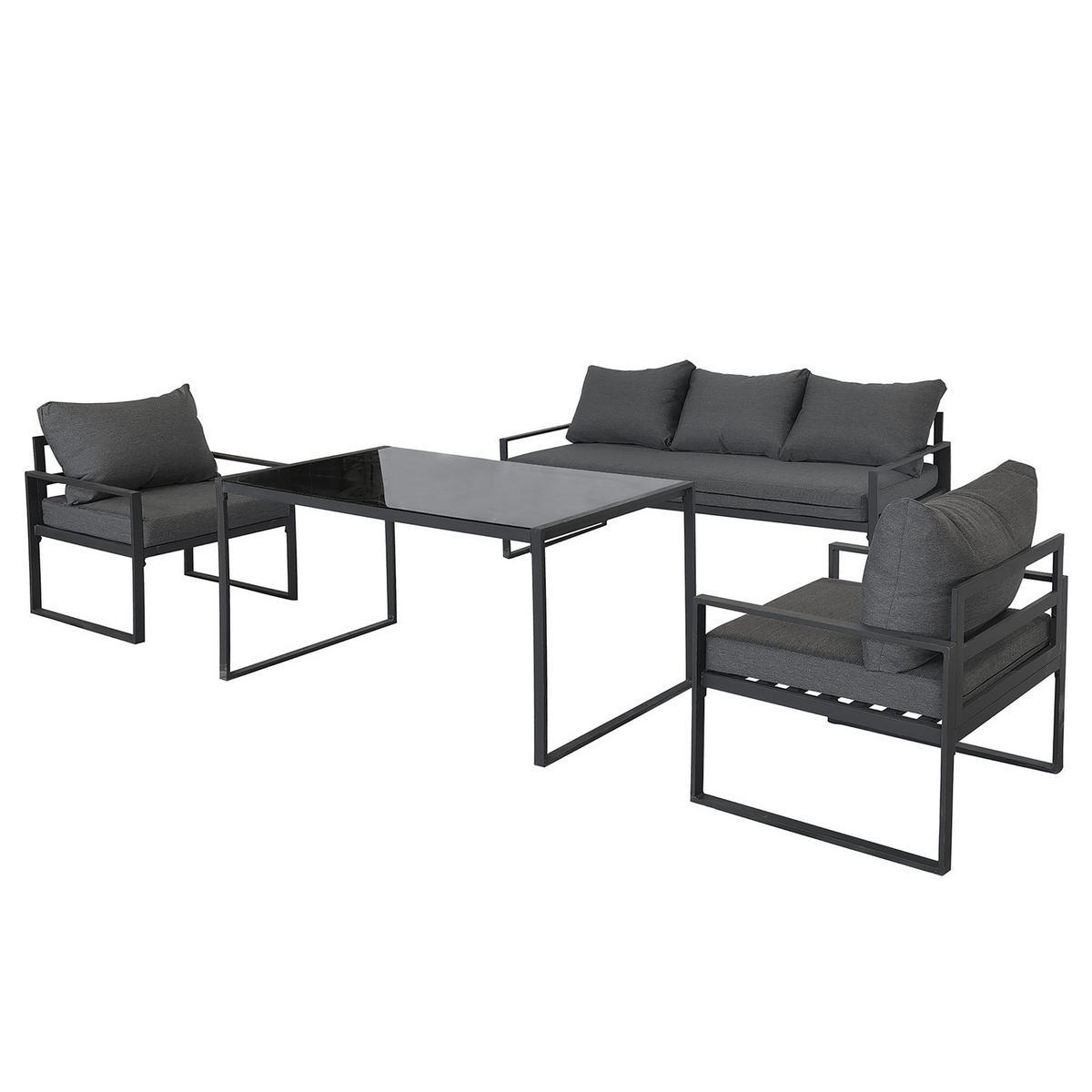 GARTENSITZGRUPPE - Stahl / Polyester - Schwarz / Grau - 4-teilig - Schwarz/Grau, Glas/Textil - home24