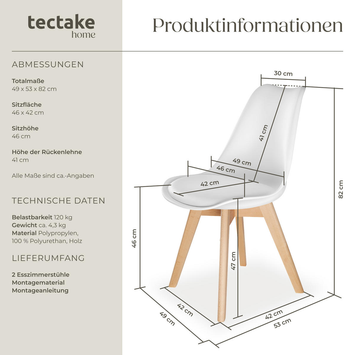 ESSZIMMERSTUHL 6er Set Frederikke,49 x 56 x 82,5 cm,weiß - Weiß, Textil (49/82/53cm) - tectake