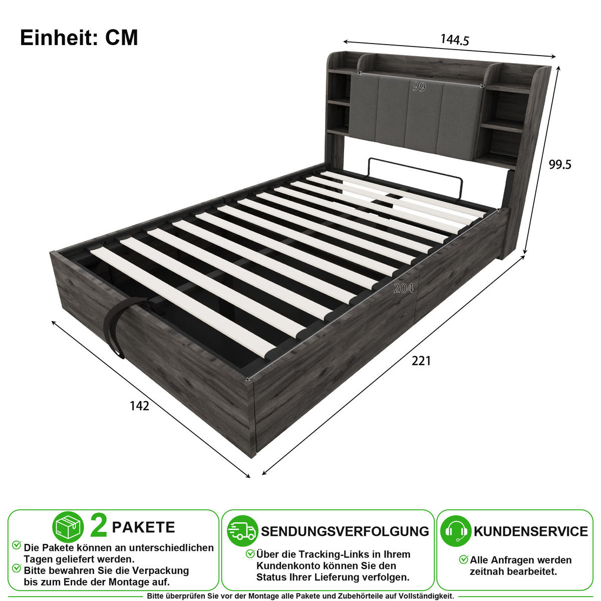 BETT 140/200 cm in Grau mit Bettkasten, USB, Type-C und Ablagen - Grau, Holz/Holzwerkstoff (140/200cm) - CHICFURN