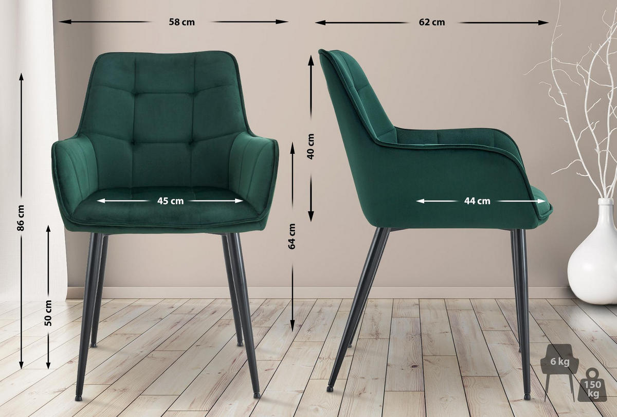 ESSZIMMERSTUHL 2er Set Samt Dunkelgrün - Dunkelgrün/Schwarz, Textil/Metall (58/86/62cm) - CLP
