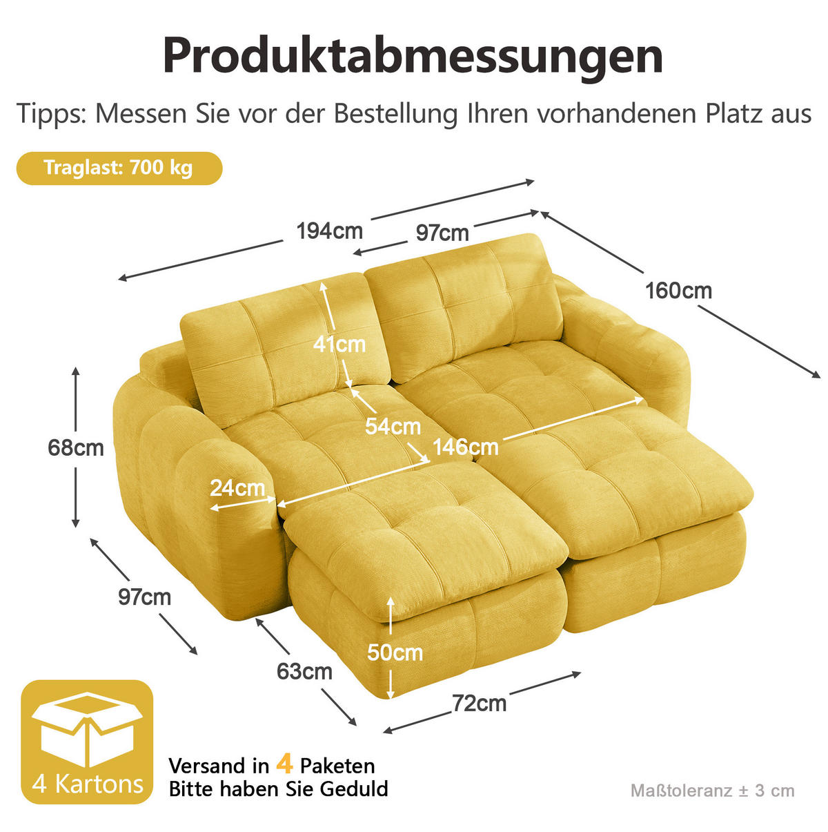 SOFA 194/160/68 cm in Gelb aus Chenille, frei kombinierbar - Gelb, Textil (160/68/194cm) - Flora Grace