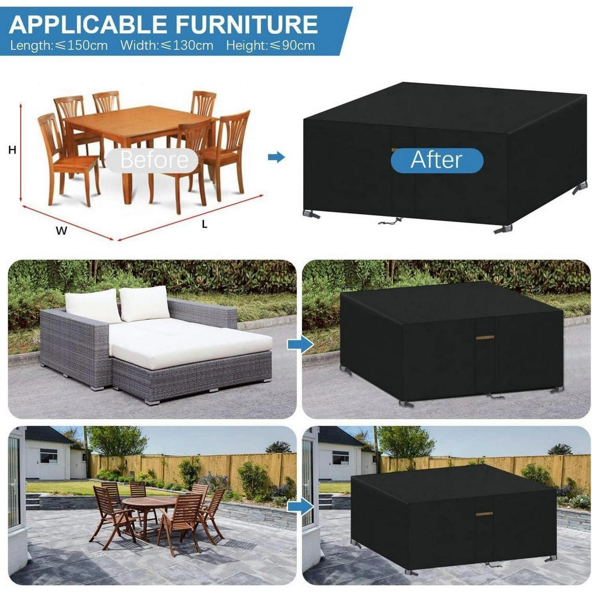 GARTENMÖBEL Abdeckplane 150 x 130 x 90 cm Rechteckig Wasserdicht - Schwarz, Textil (150/130/90cm)