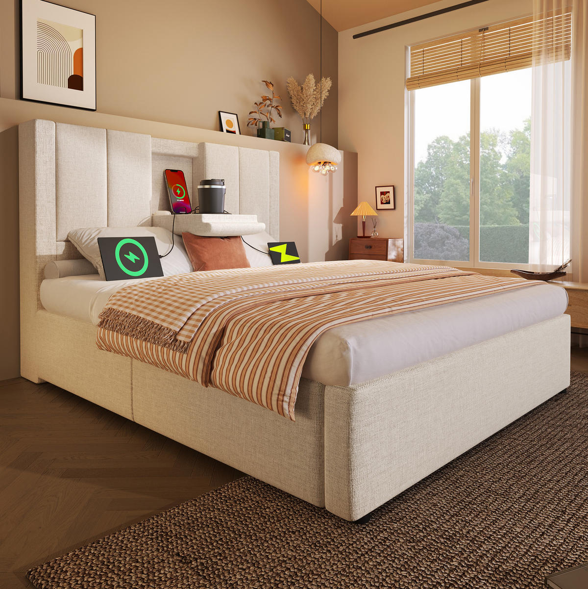 POLSTERBETT 90/200 cm Beige mit Stauraum, Matratze und USB- und Type-C-Anschlüssen - Beige, Textil (90/200cm) - Flora Grace