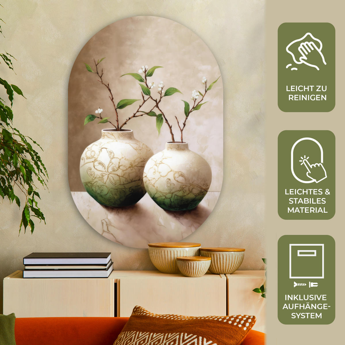 WANDBILD Blumen - Vase - Weiß - Botanisch - Beige 80x120 cm - Ecru, Kunststoff (80/120cm) - MuchoWow