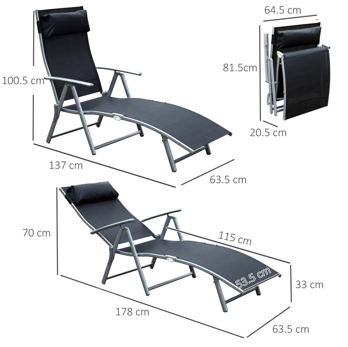 POLOHOVACÍ zahradní lehátko z kovu 137x63,5x100,5 cm černé s pěti polohami opěrky a skládacím provedením - černá, kov (63.5/100.5/137cm) - Modfu