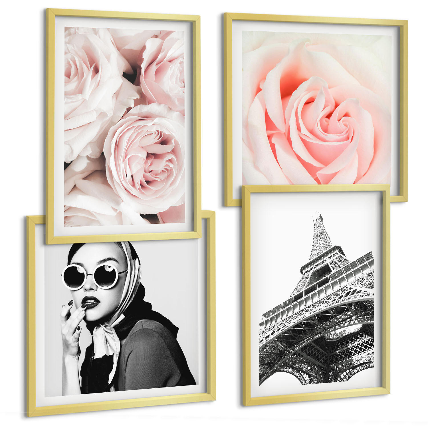 BILDER SET 4er Set - 50x50 cm & 40x60 cm Goldrahmen - Eiffels Porträt einer Frau mit Rosen - Goldfarben, Kunststoff (50/50cm) - TULUP