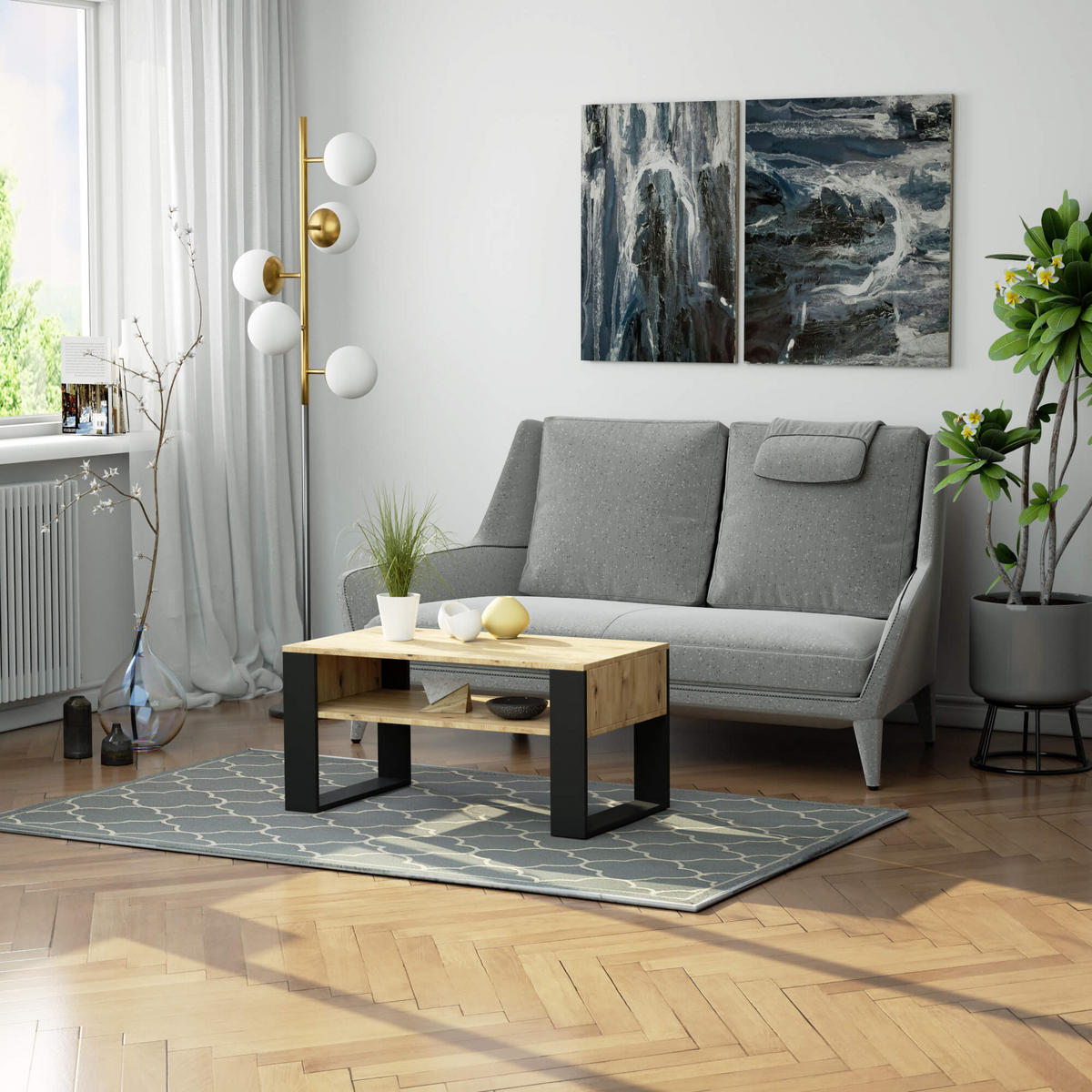 COUCHTISCH Rechteckig Eiche Artisan - Schwarz 92/45/50 cm - Schwarz/Eiche Artisan, Holzwerkstoff (50/92/45cm) - designimpex