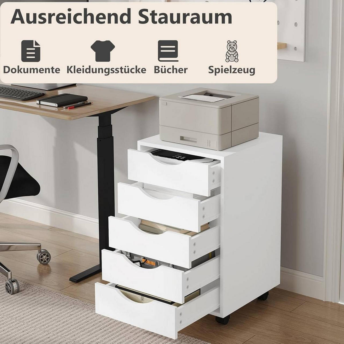 ROLLCONTAINER mit 5 Schubladen, Weiß - Schwarz/Weiß, Holzwerkstoff (40/66.5/40cm) - Woltu