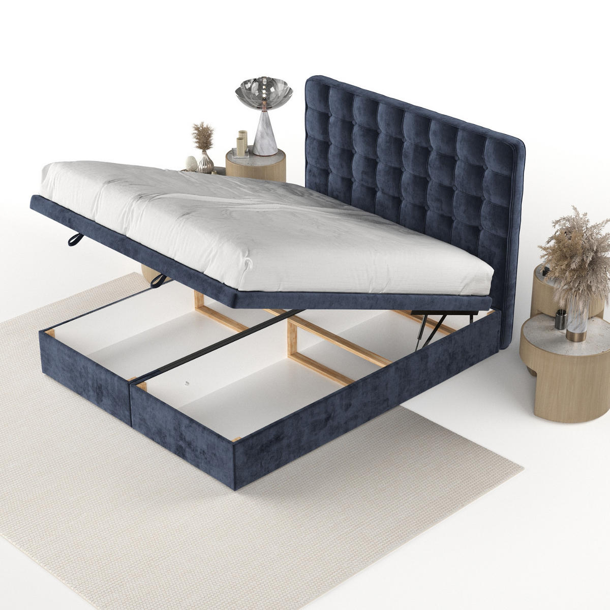 POLSTERBETT Celestia mit Stauraum 140/200 cm Marineblau im Lotta Stoff - Schwarz/Dunkelblau, Holz/Holzwerkstoff (140/200cm) - AltaBeds