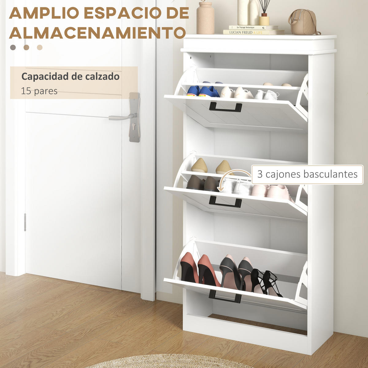 SCHUHSCHRANK,SCHMAL 3 Flügeltüren für 15 Paar,weiß - Weiß, Holzwerkstoff (54/117.5/24cm) - Vallsero