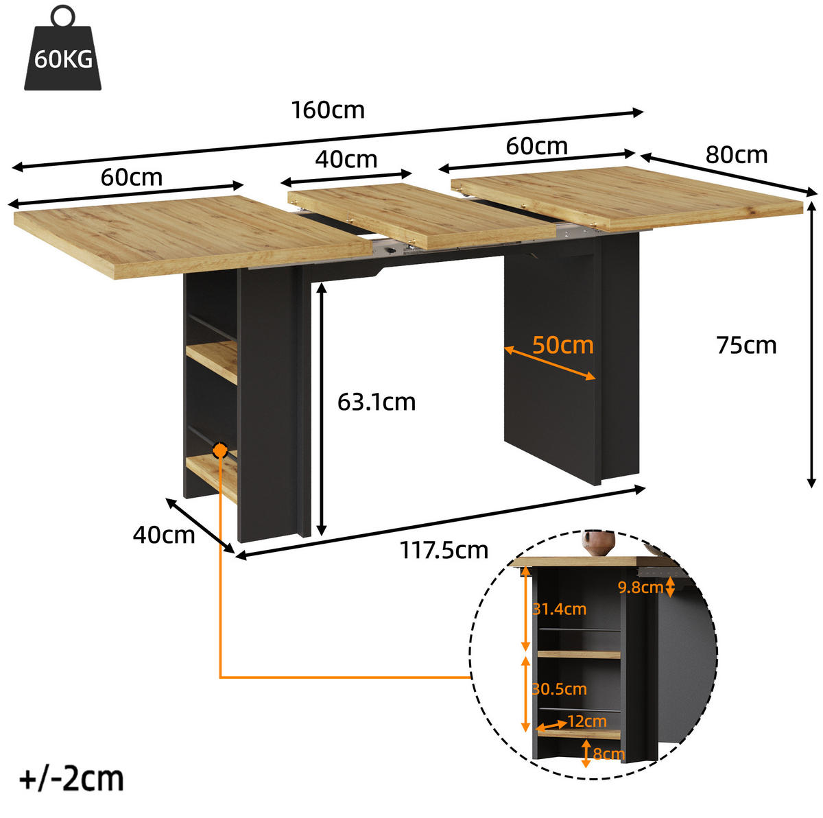 ROZKLÁDACÍ stůl 120-160/80/75 cm přírodní z MDF s policemi a úložným prostorem - hnědá, kompozitní dřevo (120/80/75cm) - OKWISH