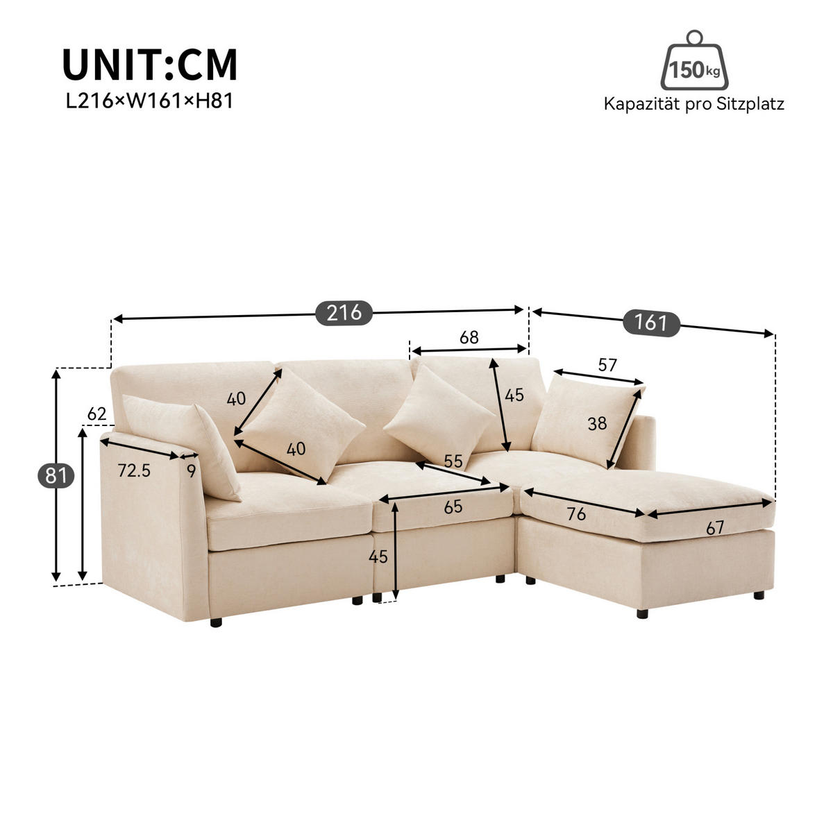 ECKSOFA 216/161/81 cm Beige aus Chenille mit Hocker und 4 Kissen - Beige, Textil (161/216cm) - OKWISH
