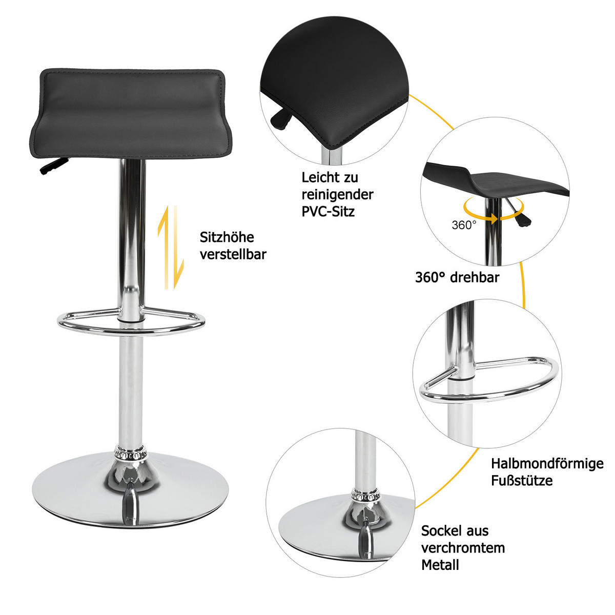 BARHOCKER 2er-Set Metallfüße, schwarz 65-86cm - Chromfarben/Schwarz, Metall (39/86/42cm) - Urban Meuble