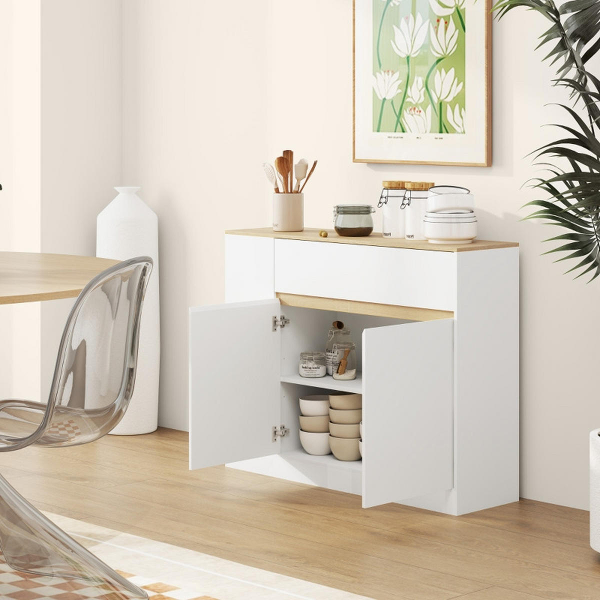 SIDEBOARD 105/30/81,5 cm in Weiß mit 2 Türen, Schublade und offenen Fächern - Weiß, Holz (105/81.5/30cm) - BEAOK