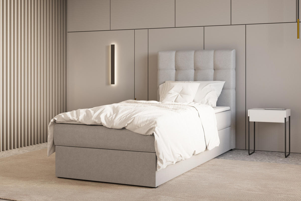 BOXBETT - Bett 05 OSLO - Hugo - 90x200 cm - mit Bettkasten und Waschbarem Topper - Hellgrau, Holz (90/200cm) - ROYAL24_MARKT